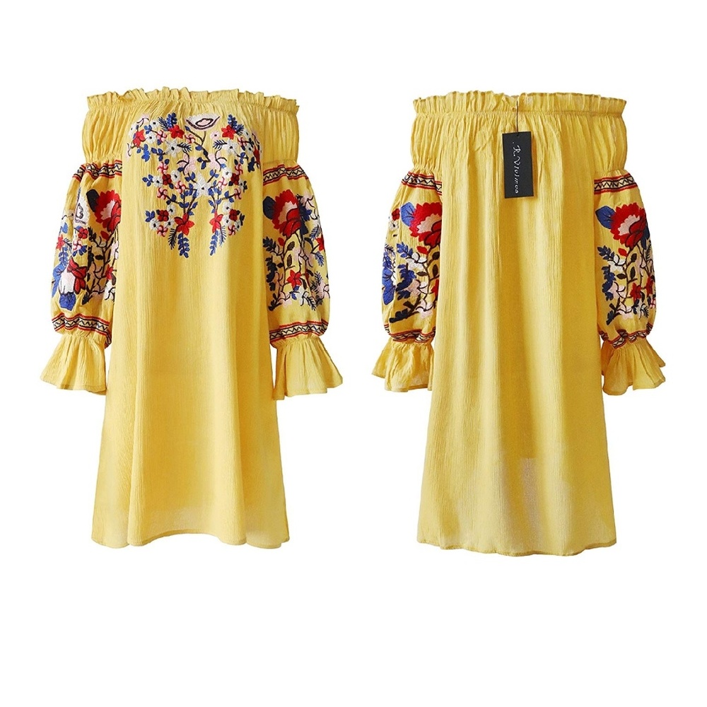 Floral Embroidered Off Shoulder Long Sleeve Dress